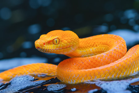 Vibrant Yellow Eyelash Viper Snake Coiled on a Dark Textured Background in Vivid Detail AI Generativeの素材