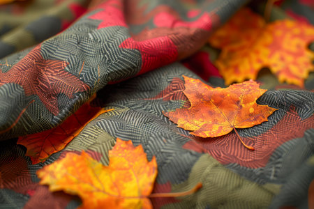 Vibrant Autumn Leaves on Textured Fabric Fall Seasonal Concept with Colorful Foliage AI Generativeの素材