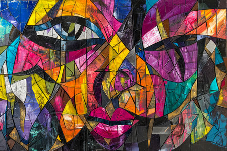 Vibrant Urban Street Art Colorful Graffiti Mural with Abstract Geometric Patterns and Eye Motif on City Wall AI Generativeの素材