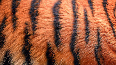 Close up Texture of Tiger Fur Pattern with Vivid Orange, Black Stripes Wildlife Background for Creative Design AI Generativeの素材