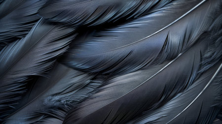 Close up of Dark Blue Elegant Bird Feathers with Delicate Textures and Details for Background or Wallpaper Design AI Generativeの素材