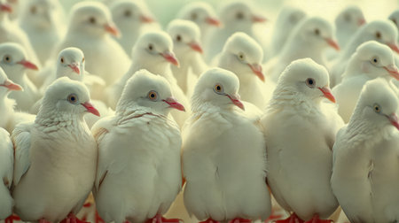 Peaceful Flock of White Pigeons with Red Beaks Gathered Together in Soft Light AI Generativeの素材
