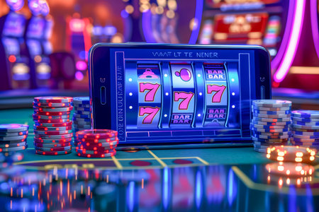 Close up of Mobile Device Displaying Slot Machine Game with Casino Chips and Colorful Neon Lights AI Generativeの素材