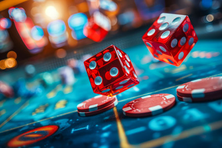High Energy Casino Gaming Floor with Red Dice in Mid Air and Poker Chips on Vibrant Blue Table AI Generativeの素材
