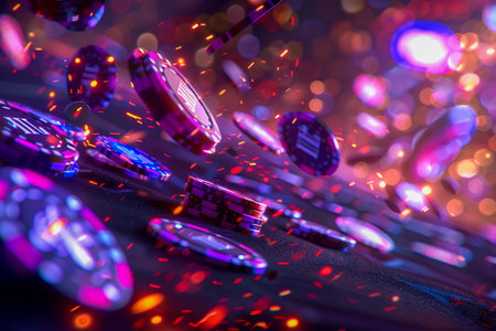 Vibrant Macro Photography of Glistening Water Droplets on Reflective Surface with Bokeh Lights AI Generativeの素材