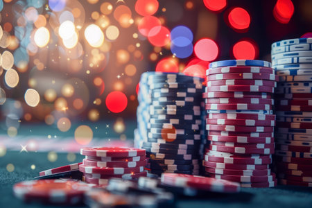 Colorful Casino Chips Stacked on a Gaming Table with Blurry Lights Background Capturing the Excitement of Gambling and Nightlife AI Generativeの素材