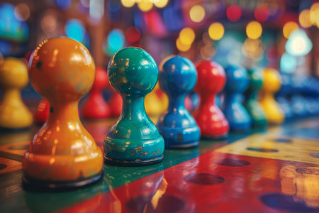 Vibrant Wooden Pawns on Board Game Close Up in Vivid Retro Arcade Setting with Colorful Bokeh Background AI Generativeの素材
