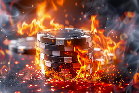 Intense Flaming Poker Chips on a Dramatic Fiery Background Casino Gambling Concept with Burning Stakes AI Generativeの素材