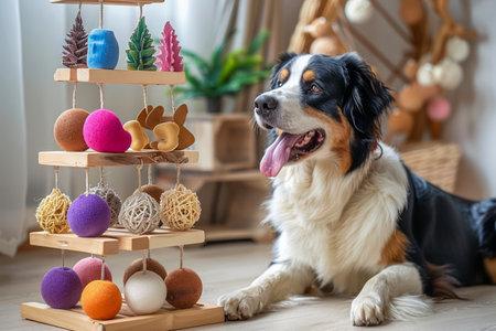 Cheerful Bernese Mountain Dog Sitting Next To Colorful Easter Eggs And Spring Decorations Indoors AI Generativeの素材