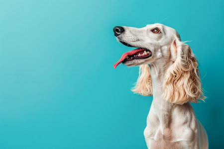 Portrait of a Happy Saluki Dog with a Fluffy Tail on a Vibrant Turquoise Blue Background with Copy Space AI Generativeの素材