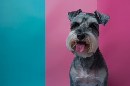 Portrait of a Gray Schnauzer Dog with Tongue Out Against Pink and Blue Gradient Background AI Generativeの素材
