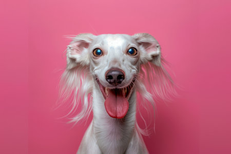 Smiling White Dog with Open Mouth on a Vibrant Pink Background Pet Portrait, Happy Animal Concept AI Generativeの素材