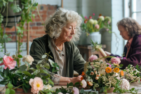 Senior Woman Enjoying Art of Floristry in Bright Workshop with Fresh Blooms and Greenery AI Generativeの素材