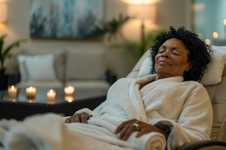 Serene African American Woman Relaxing in Luxury Spa with Candles and Peaceful Ambiance AI Generativeの素材