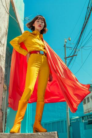 Confident Fashionable Woman Posing in Bright Yellow Outfit and Red Cape Against Urban Background AI Generativeの素材