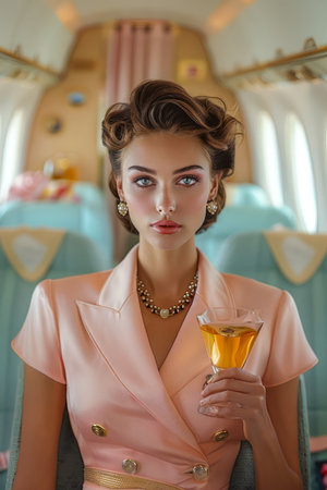 Elegant Woman in Vintage Fashion Holding a Cocktail Inside a Retro Airplane Cabin AI Generativeの素材