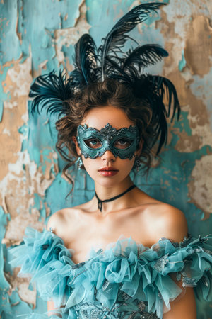 Elegant Woman in Masquerade Costume with Feathered Headpiece and Lace Mask Against Vintage Wall AI Generativeの素材