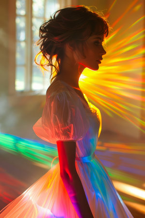 Ethereal Woman in Rainbow Light Prism Dress with Dreamy Sun Flares in Vintage Room, Conceptual Fashion AI Generativeの素材