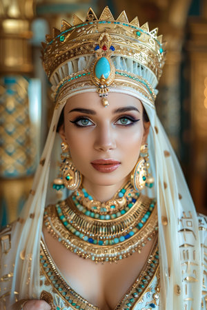 Majestic Queen in Luxurious Gold Crown and Exquisite Jewelry Posing Elegantly in Regal Attire with Sophisticated Makeup and Alluring Gaze AI Generativeの素材