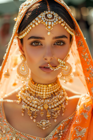 Portrait of a Beautiful Indian Bride in Traditional Orange Attire with Gold Jewelry and Makeup AI Generativeの素材