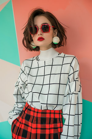 Stylish Young Woman in Trendy Outfit with Red Sunglasses Against Colorful Geometric Background AI Generativeの素材
