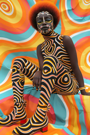 Vibrant Body Painted Model Posing with Psychedelic Background Abstract Art, Fashion, and Creativity AI Generativeの素材