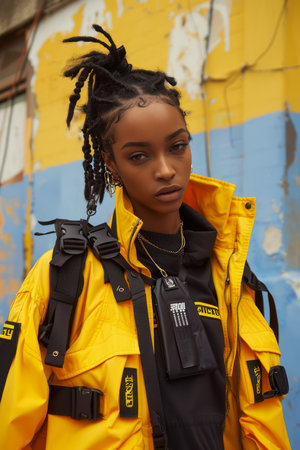 Stylish African American Woman in Yellow Jacket Posing Urban Background Fashion Portrait AI Generativeの素材