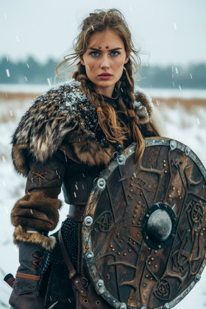 Warrior Woman in Traditional Viking Garb with Shield Amidst Snowy Landscape, Historical Reenactment Concept AI Generativeの素材