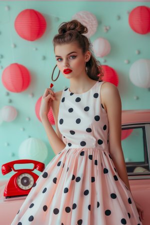 Vintage Style Fashion Model Posing with Retro Polka Dot Dress and Classic Red Telephone in Pastel Themed Setting AI Generativeの素材