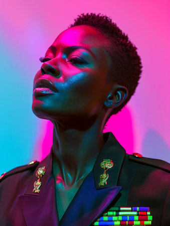 Artistic Portrait of a Young Woman with Colorful Lighting and Military Inspired Fashion AI Generativeの素材