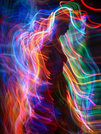 Abstract Colorful Light Trails Surrounding Silhouette in Motion on Dark Background Long Exposure Art Photography AI Generativeの素材
