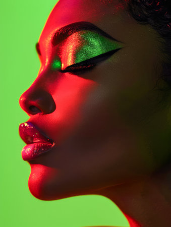 Close up Portrait of Woman with Vibrant Green Eyeshadow and Glossy Lips on Neon Green Background AI Generativeの素材