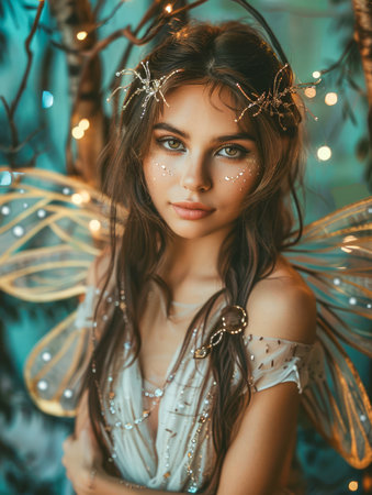 Enchanting Fairy Tale Scene with Young Woman Styled as a Magical Fairy with Delicate Wings and Glitter Makeup AI Generativeの素材