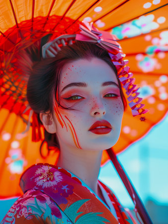 Elegant Woman in Traditional Japanese Kimono Holding a Vibrant Red Umbrella with Floral Accents Under Blue Sky AI Generativeの素材