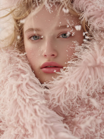 Close up Portrait of a Young Woman Wrapped in a Fluffy Pink Jacket with Snowflakes on Her Face AI Generativeの素材