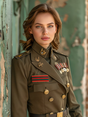Portrait of a Young Woman in Military Uniform with Medals Posing Against Weathered Wall Background AI Generativeの素材