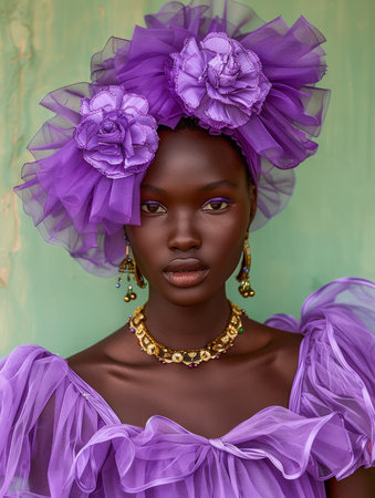 Elegant African Woman with Striking Features Wearing Purple Floral Headpiece and Dress Against Green Background AI Generativeの素材