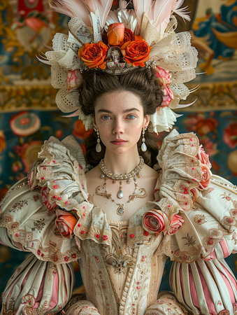 Regal Woman in Elaborate Historical Dress and Headdress with Orange Flowers Against Ornate Background AI Generativeの素材