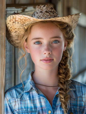 Portrait of a Young Girl in a Straw Cowboy Hat and Plaid Shirt with Braided Hair AI Generativeの素材