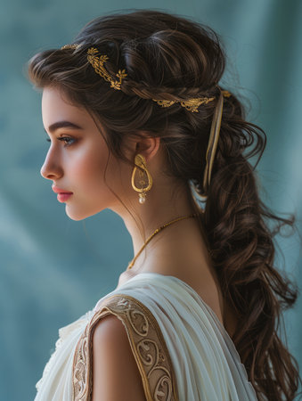 Elegant Woman in Vintage Grecian Dress with Gold Hair Accessories Posing Gracefully AI Generativeの素材