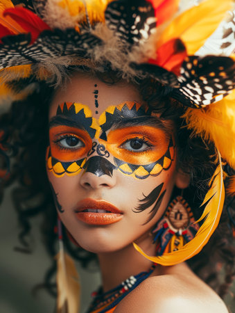 Vibrant Tribal Makeup on Young Woman with Exotic Feather Headdress and Traditional Beadwork AI Generativeの素材