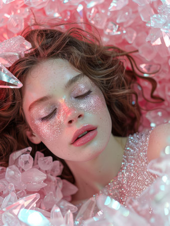 Ethereal Beauty Portrait Surrounded by Crystals, Sparkles, and Pink Tones, Dreamy Female Look, Fantasy Makeup AI Generativeの素材