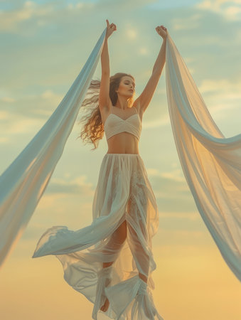 Radiant Young Woman Celebrating Freedom with Arms Raised and Flowing Fabric Against Picturesque Sunset Sky AI Generativeの素材