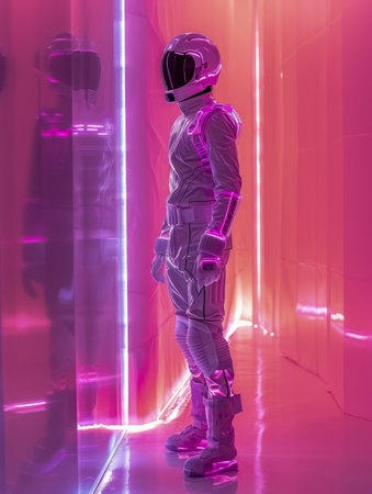 Futuristic Astronaut Standing in Neon Lights with Reflective Helmet and Space Suit AI Generativeの素材