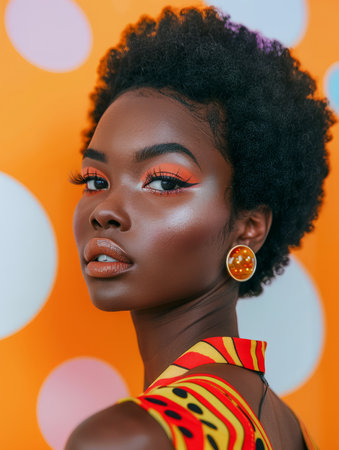 Striking Portrait of Young African Woman with Bold Makeup and Earrings Against Polka Dot Background AI Generativeの素材