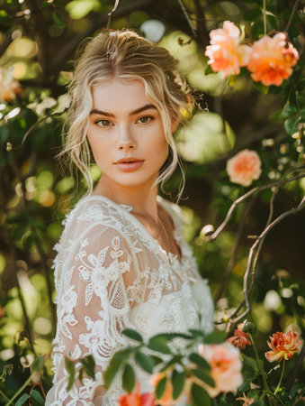 Young Woman in Lace Dress Enjoying Nature Among Blooming Flowers in Sunlit Garden, Natural Beauty Portrait AI Generativeの素材