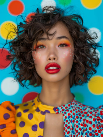 Vibrant Portrait of a Young Woman with Colorful Makeup and Polka Dot Background AI Generativeの素材