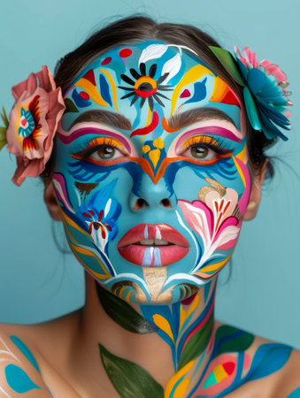 Vibrant Face Painting Artistry on Young Woman with Floral Motifs Against Teal Background AI Generativeの素材