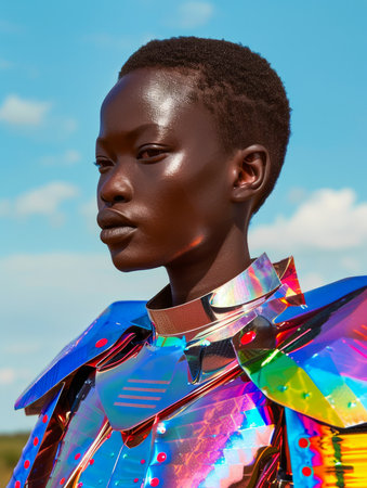 Stylish Model with Reflective Futuristic Jacket Posing Against Blue Sky Background AI Generativeの素材