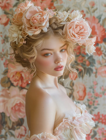 Romantic Portrait of a Young Woman with Floral Headdress against Vintage Floral Background AI Generativeの素材